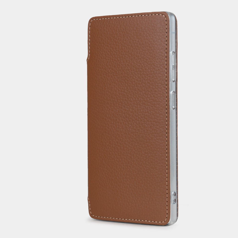 gold calfskin wallet case for Samsung Galaxy S24 Ultra – slim leather folio case closed, view from profile