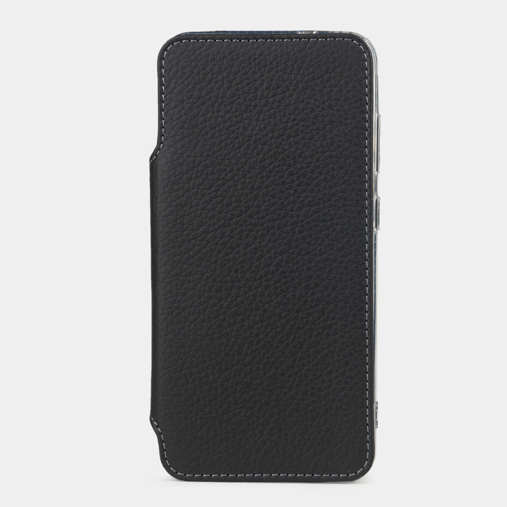 Funda cartera de piel de becerro Negro para Samsung Galaxy S24 – vista frontal del panel folio cerrado, mostrando el grano suave del cuero y las costuras del borde