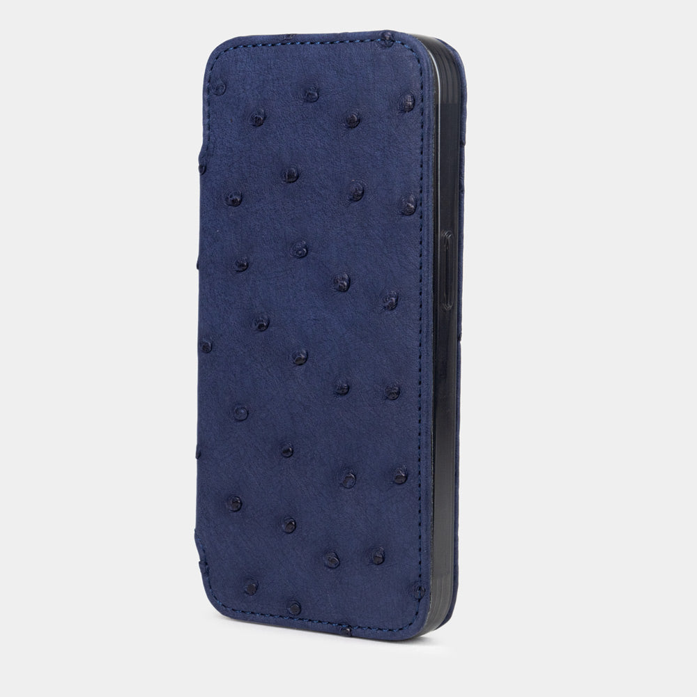 Blue Ostrich Wallet Case iPhone 15 Pro Max – luxury handmade phone case in genuine leather with magnetic front cover closed, main photo