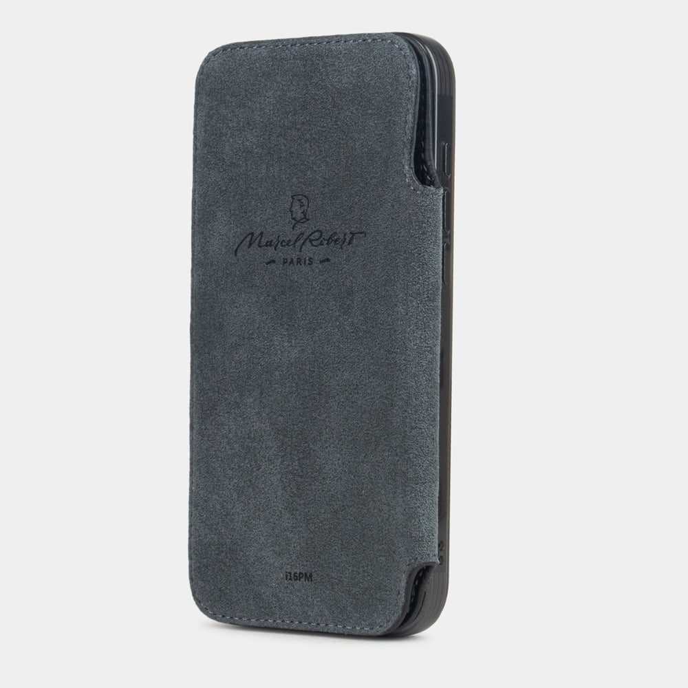 Black Calfskin Wallet Case iPhone 16 Pro Max - interior view showing grey Alcantara lining with magnetic closure, designed to protect the screen