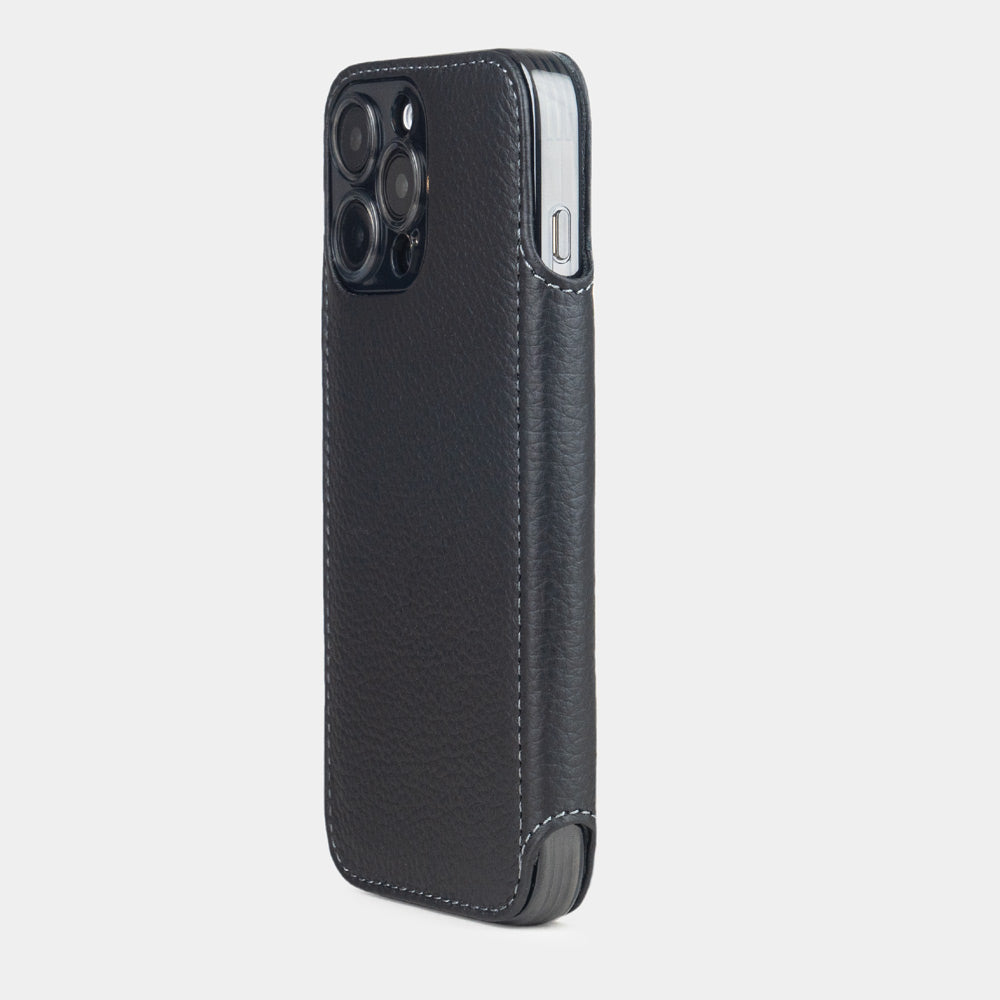 Black Calfskin Wallet Case iPhone 16 Pro Max - view from camera side and how the lenses are efficiently protected