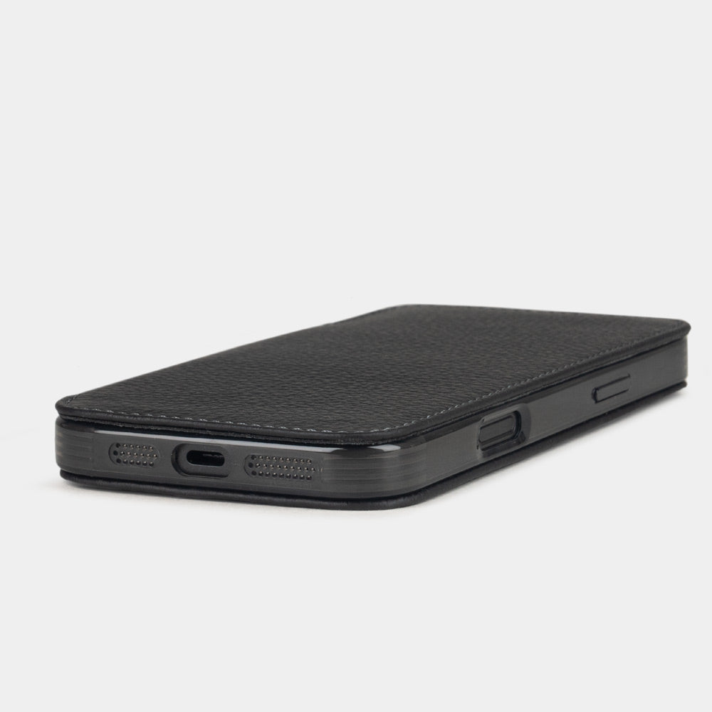 Black Calfskin Wallet Case iPhone 16 Pro Max - flat side view displaying ultra-thin handcrafted design, USB-C port opening and precise edge finishing