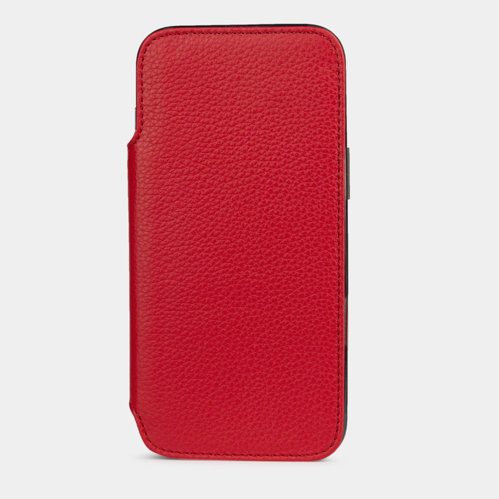 Red Calfskin Wallet Case iPhone 16 Pro Max – upright closed view highlighting the magnetic front cover fully protecting the screen, elegant silhouette