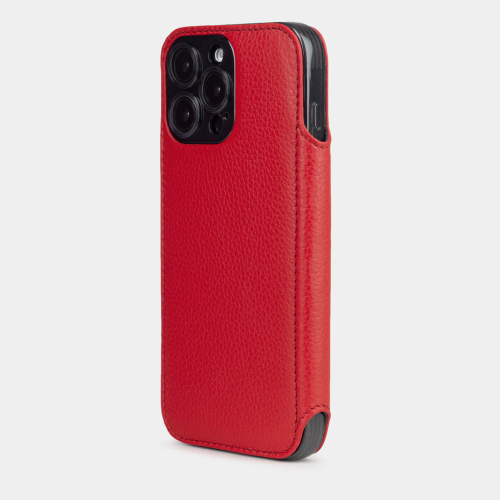 Red Calfskin Wallet Case iPhone 16 Pro Max - view from camera side and how the lenses are efficiently protected