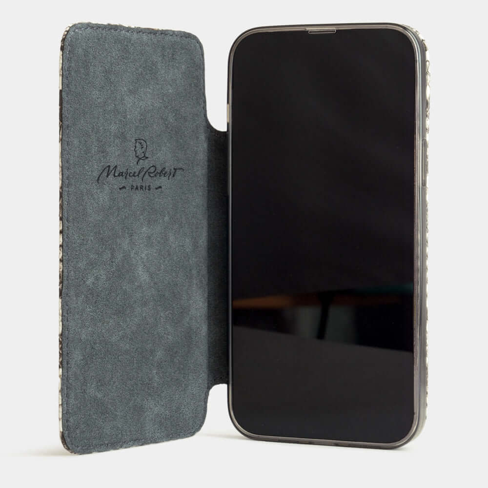 Natural Python Wallet Case iPhone 17 Pro - case with grey Alcantara lining shown open on smartphone