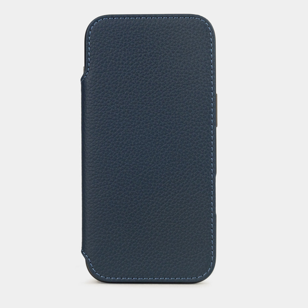 Blue Calfskin Wallet Case iPhone 17 Air – upright closed view highlighting the magnetic front cover fully protecting the screen, elegant silhouette