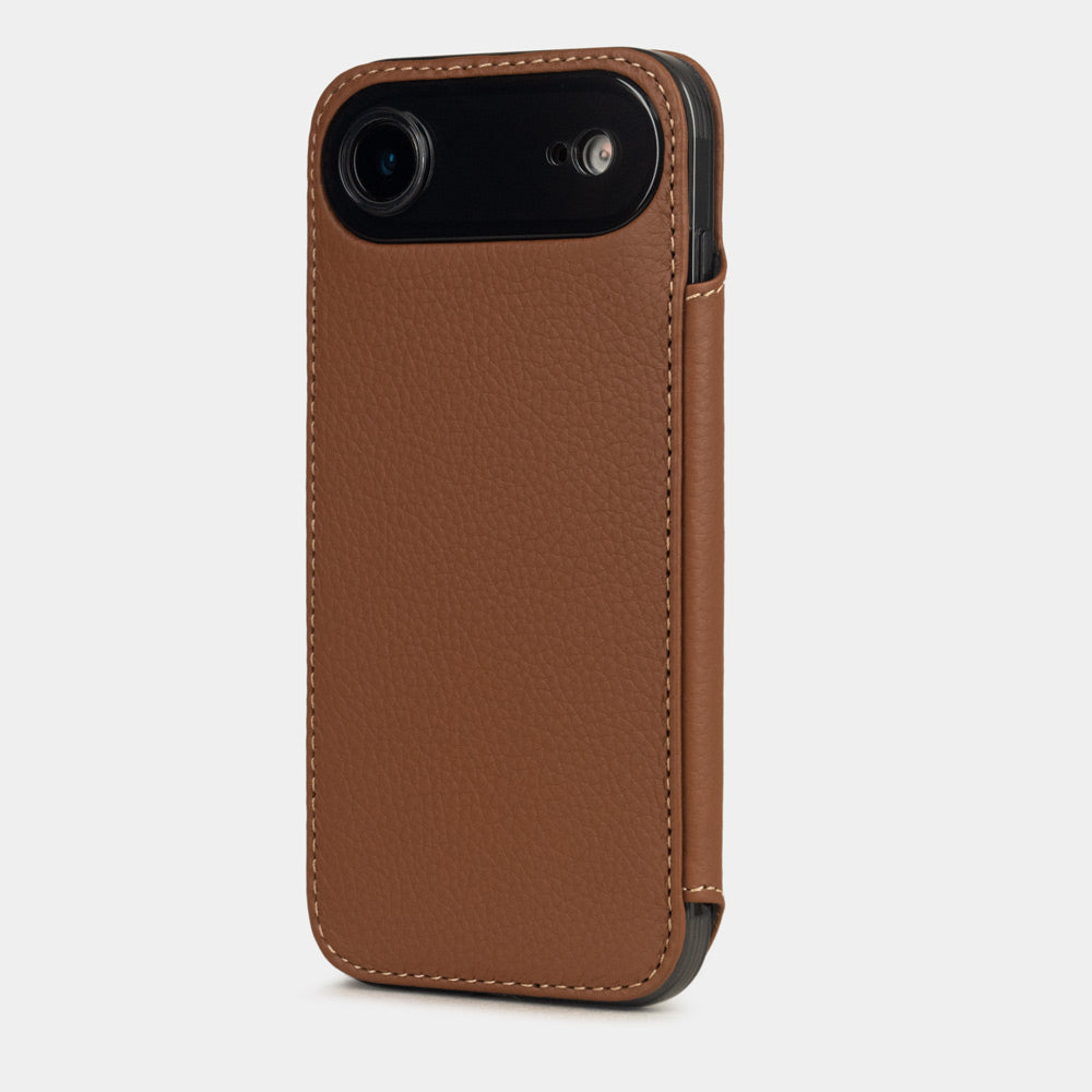 Gold Calfskin Wallet Case iPhone 17 Air - view from camera side and how the lenses are efficiently protected