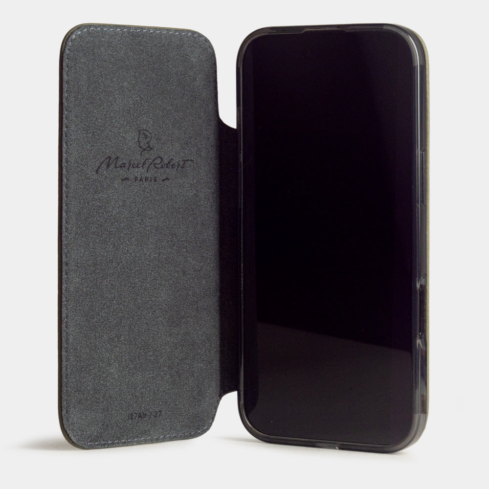 green Calfskin Wallet Case iPhone 17 Air - case with grey Alcantara lining shown open on smartphone