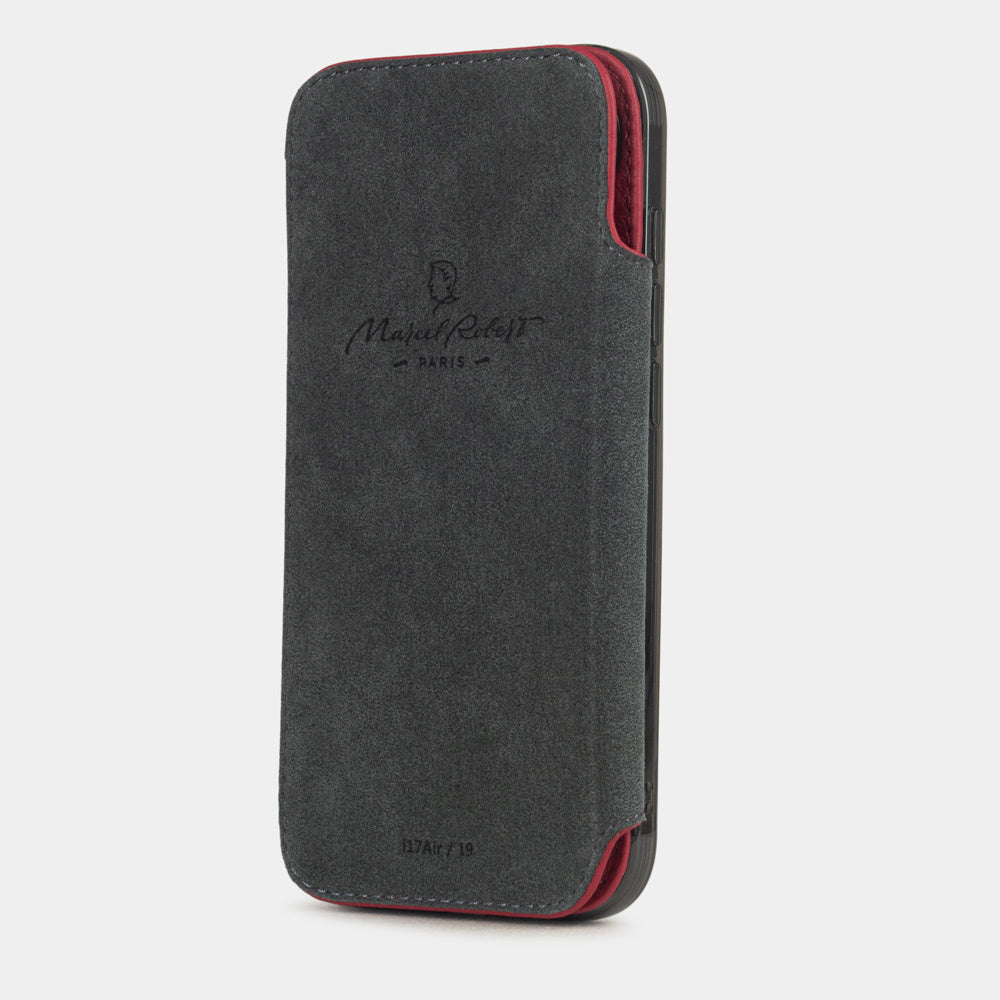 Red Calfskin Wallet Case iPhone 17 Air - interior view showing grey Alcantara lining with magnetic closure, designed to the screen