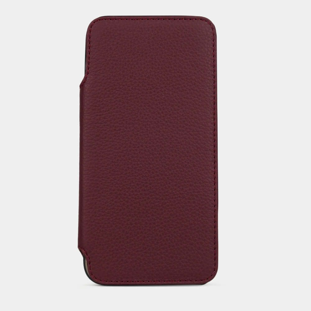 Bordeaux Calfskin Wallet Case iPhone 17 – upright closed view highlighting the magnetic front cover fully protecting the screen, elegant silhouette