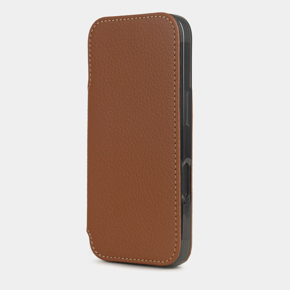iPhone 17e & 16e calfskin folio wallet case gold – upright closed view highlighting the magnetic front flap fully protecting the screen, elegant silhouette