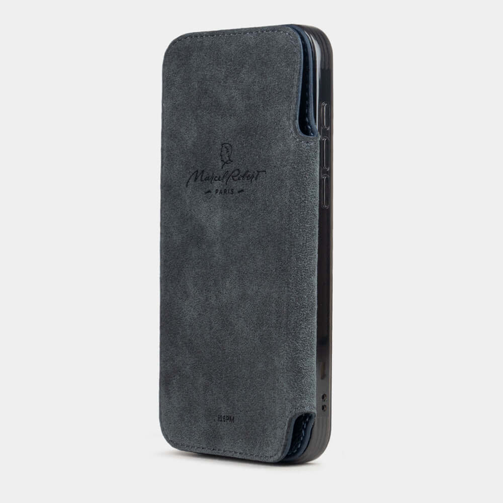 Blue Calfskin Wallet Case iPhone 17 - interior view showing grey Alcantara lining with magnetic closure, designed to protect the screen