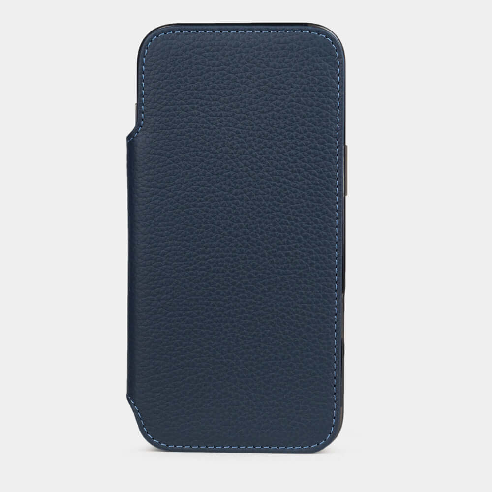 Blue Calfskin Wallet Case iPhone 17 – upright closed view highlighting the magnetic front cover fully protecting the screen, elegant silhouette