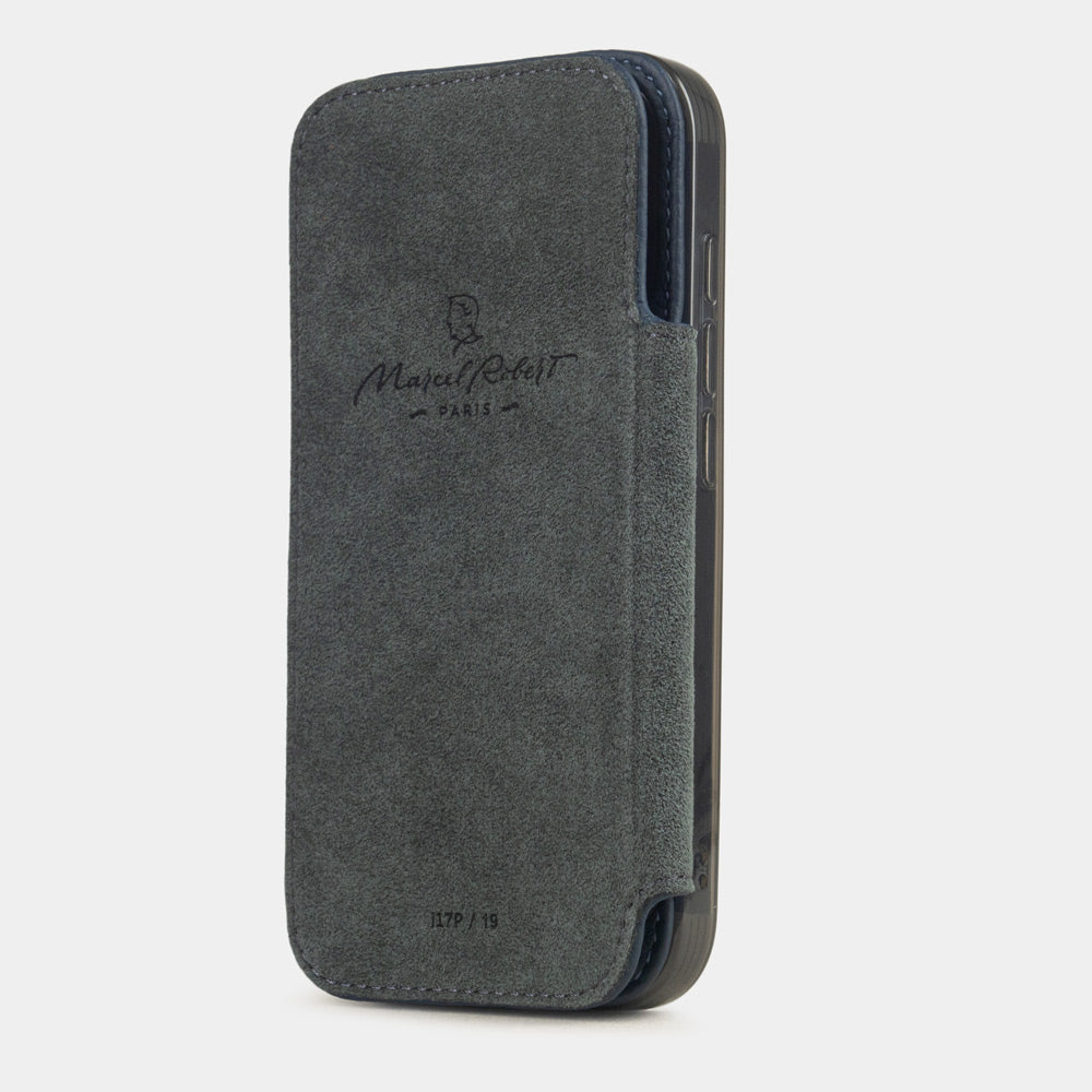 iPhone 17 Pro Max Blue Leather Wallet Case shown in a side view with a suede texture and magnetic closure.