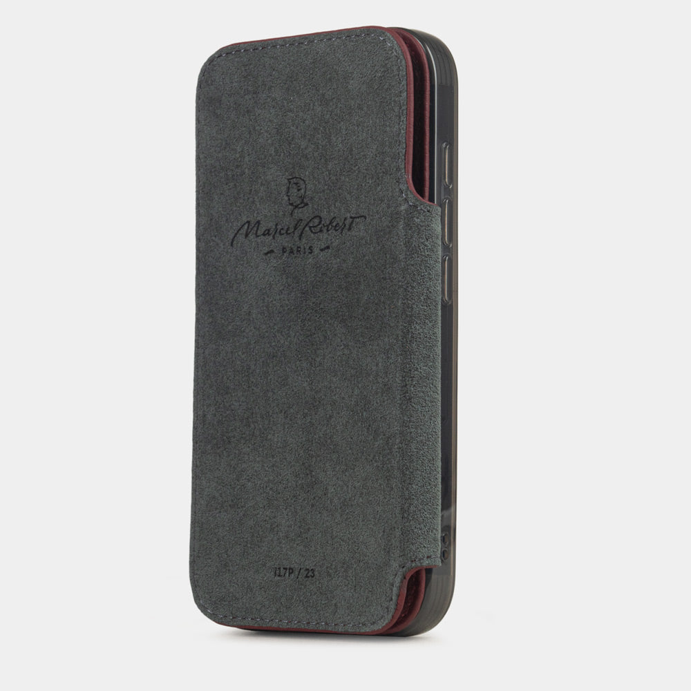 Bordeaux Calfskin Wallet Case iPhone 17 Pro Max - interior view showing grey Alcantara lining with magnetic closure, designed to protect the screen