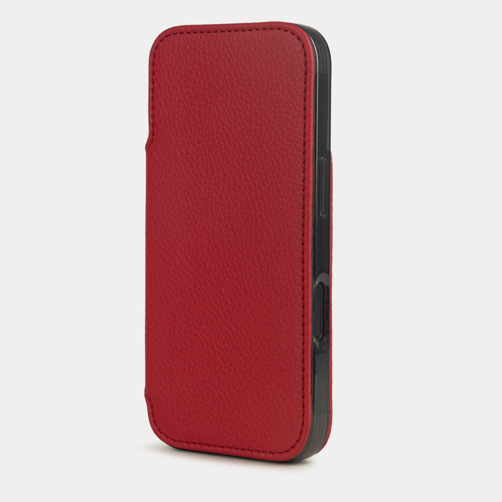 red leather wallet case iPhone 17 – upright closed view highlighting the magnetic front cover fully protecting the screen, elegant silhouette