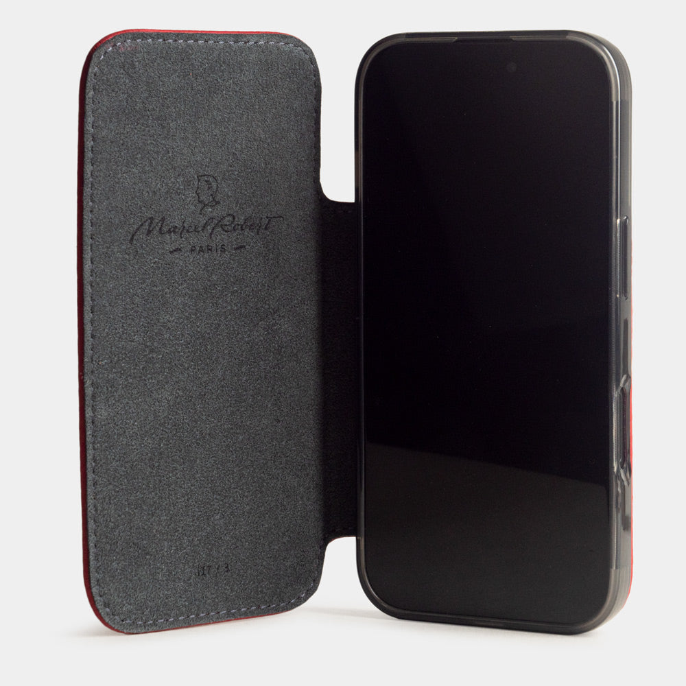 red leather wallet case iPhone 17 - case with grey Alcantara lining shown open on smartphone