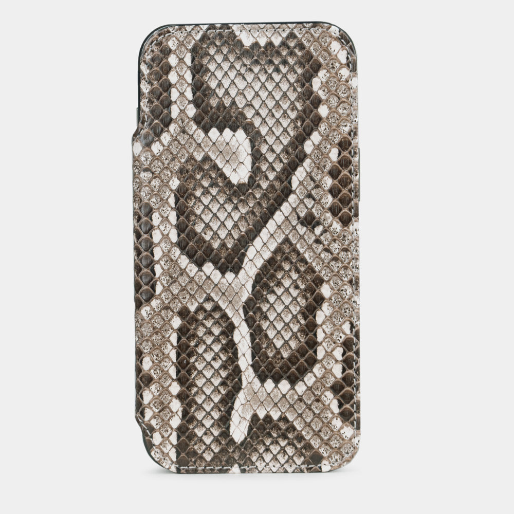 Natural Python Wallet Case iPhone 17 Pro – luxury handmade phone case in genuine leather with magnetic front cover closed, main photo