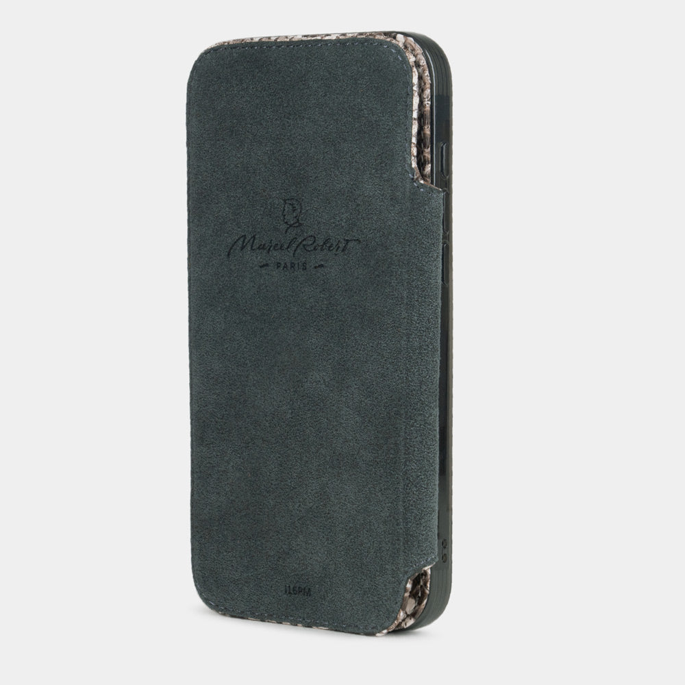 Natural Python Wallet Case iPhone 17 Pro - case with grey Alcantara lining shown open on smartphone