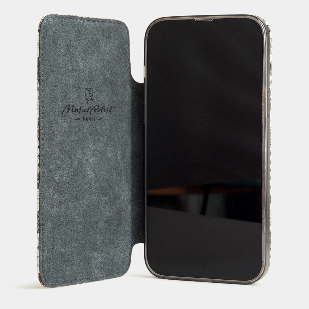 Natural Python Wallet Case iPhone 17 Pro - interior view showing grey Alcantara lining with magnetic closure, designed to protect the screen