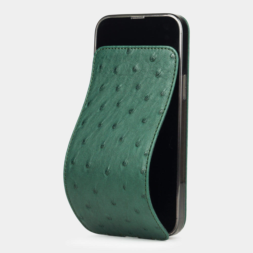 Green ostrich leather flip case for iPhone 14 Pro Max, MagSafe — Marcel Robert