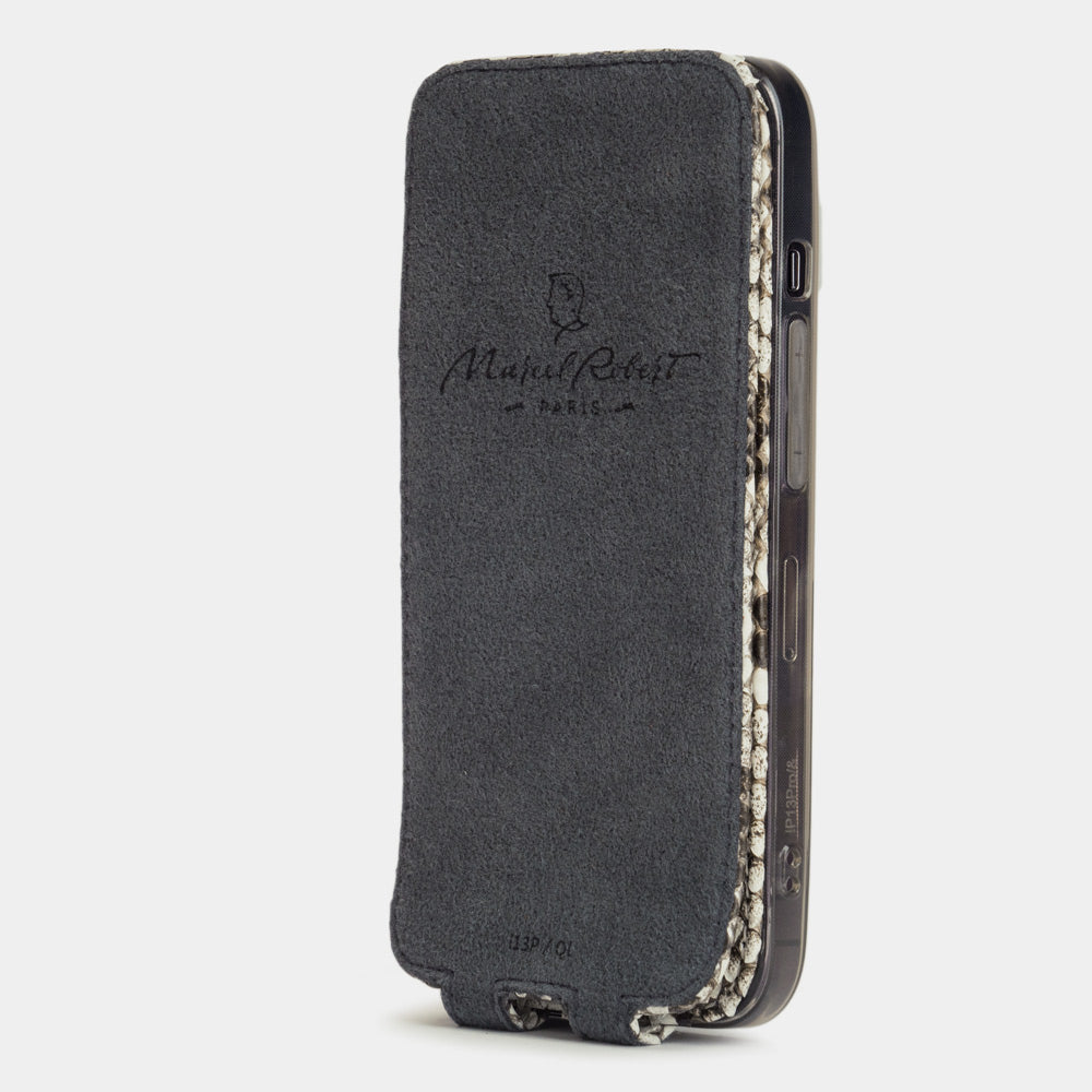 Natural python iPhone 14 Pro Max flip case, Alcantara lining
