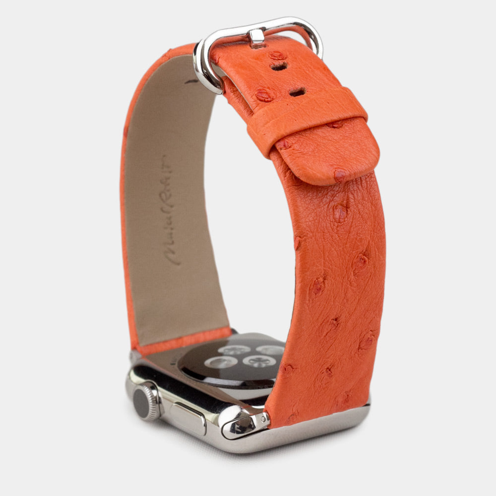 Strap for the Apple Watch 41/42 mm in orange ostrich leather, with steel adapters and buckle | full profile view to see the thickness of the strap