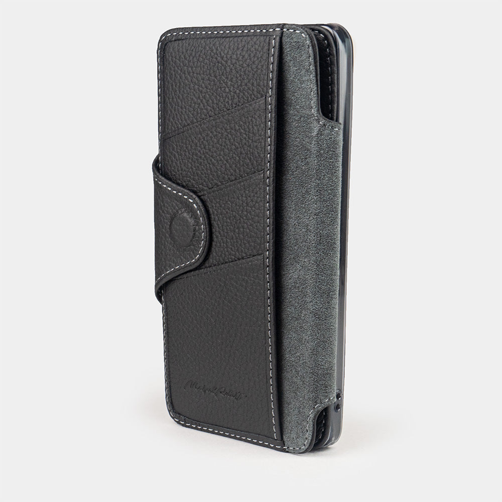 black leather Samsung S26 Ultra wallet cardholder case with magnetic closure showing the 3 card slots and banknote slot