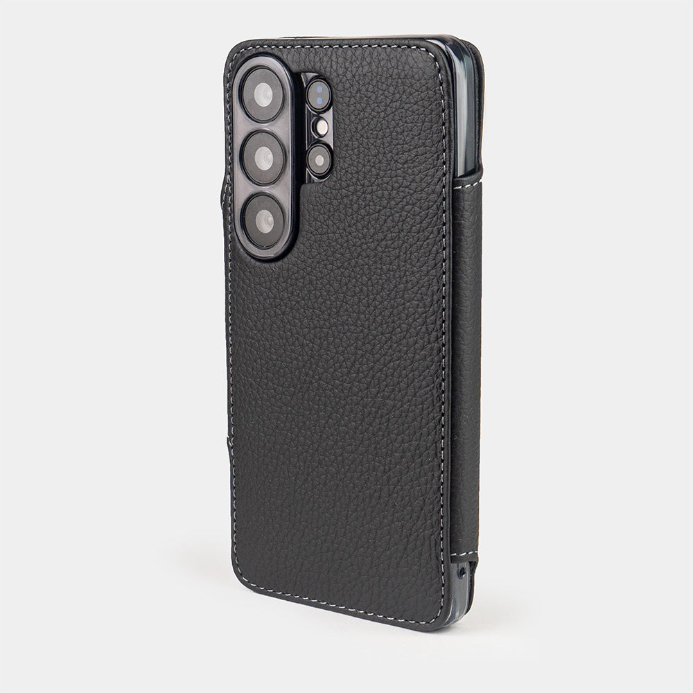 black leather Samsung S26 Ultra wallet with cardholder case rear view showing camera cut-out and lenses protection