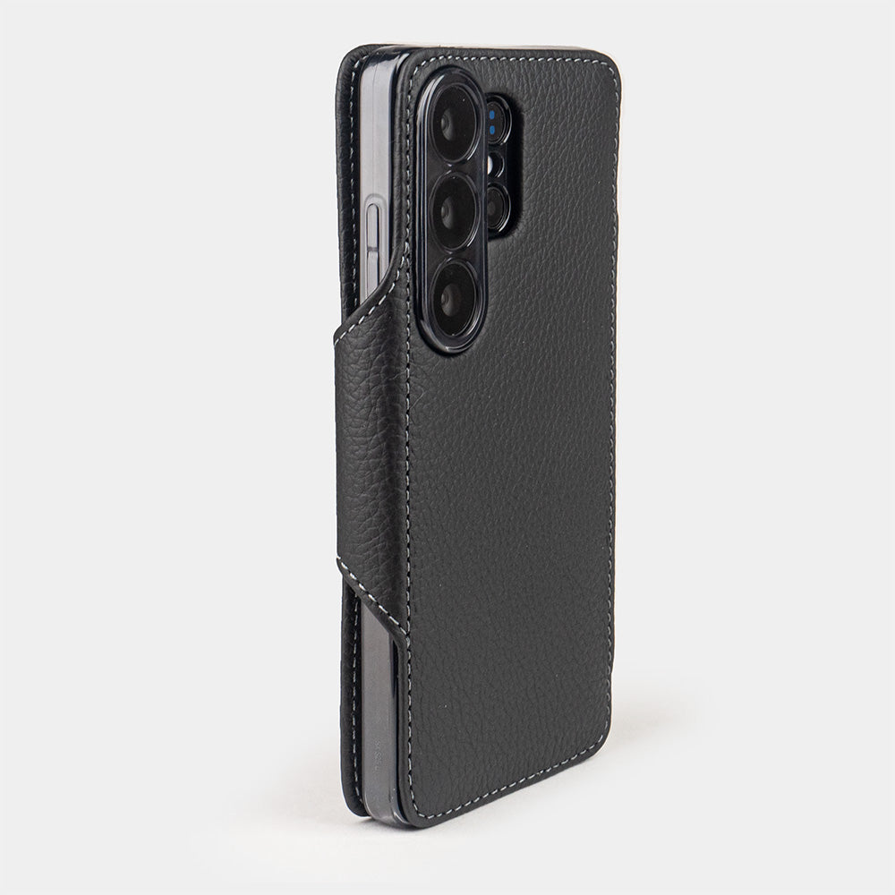 black leather Samsung S26 Ultra wallet with cardholder case rear view showing camera cut-out and premium leather texture