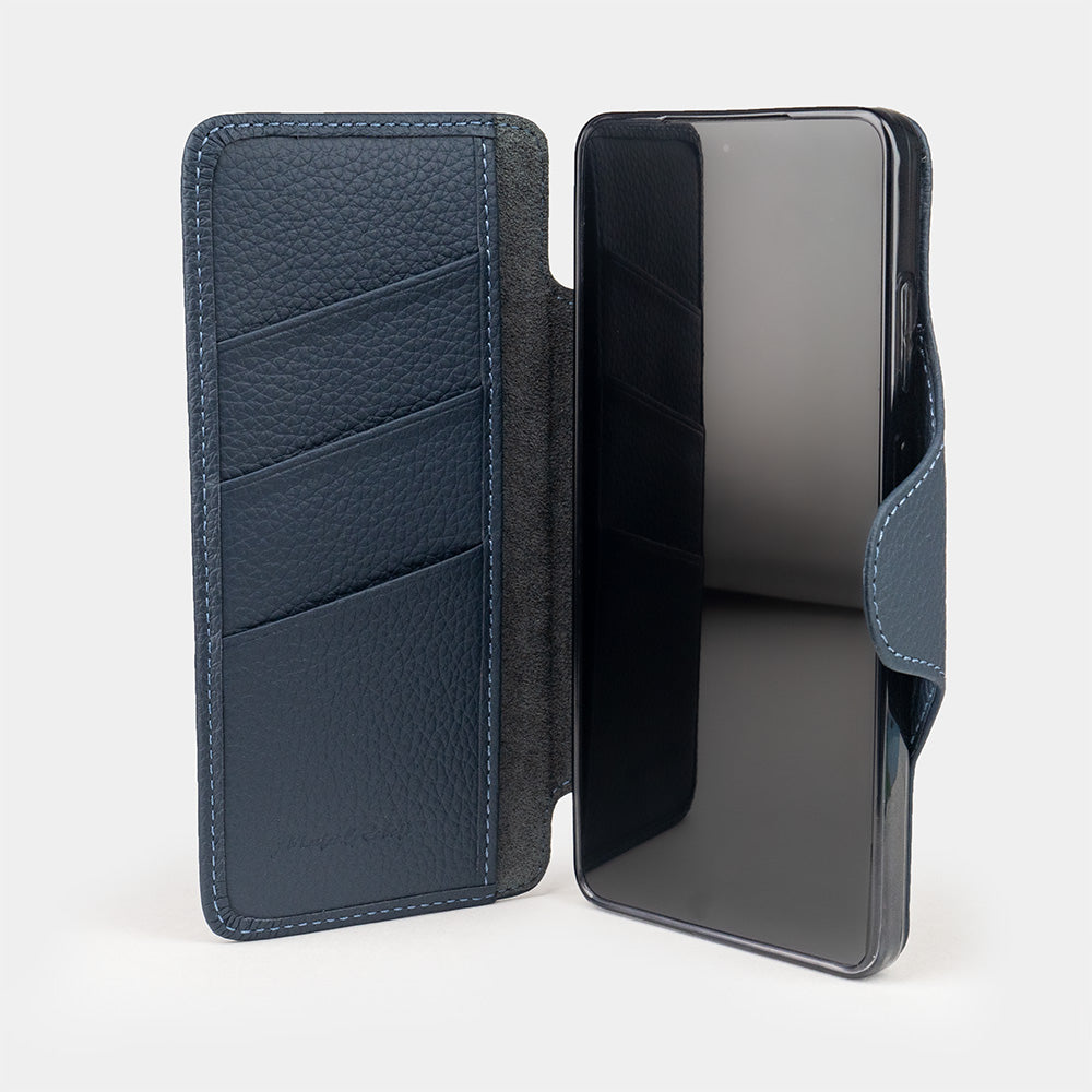 blue leather Samsung S26 Ultra wallet cardholder case opened showing interior cardholder slots