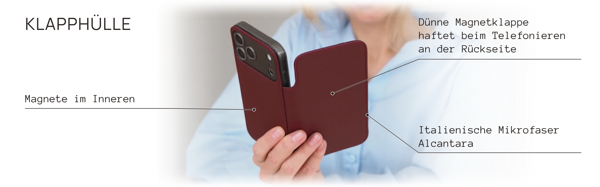Benoit wallet case: thin magnetic cover folds onto the back during calls, magnets inside, Italian Alcantara microfibre
