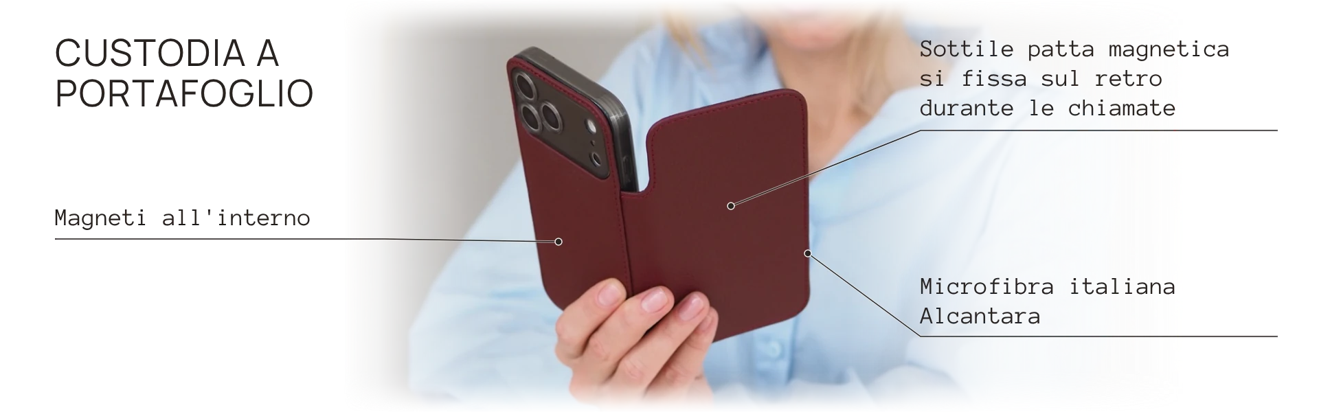 Benoit wallet case: thin magnetic cover folds onto the back during calls, magnets inside, Italian Alcantara microfibre