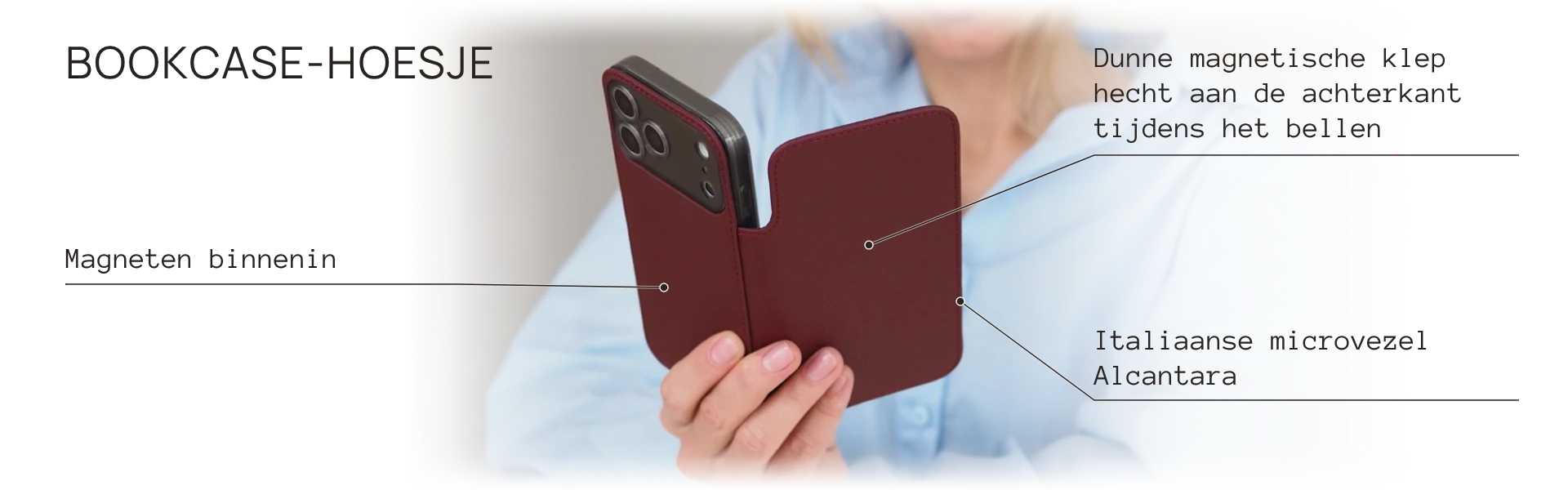 Benoit wallet case: thin magnetic cover folds onto the back during calls, magnets inside, Italian Alcantara microfibre