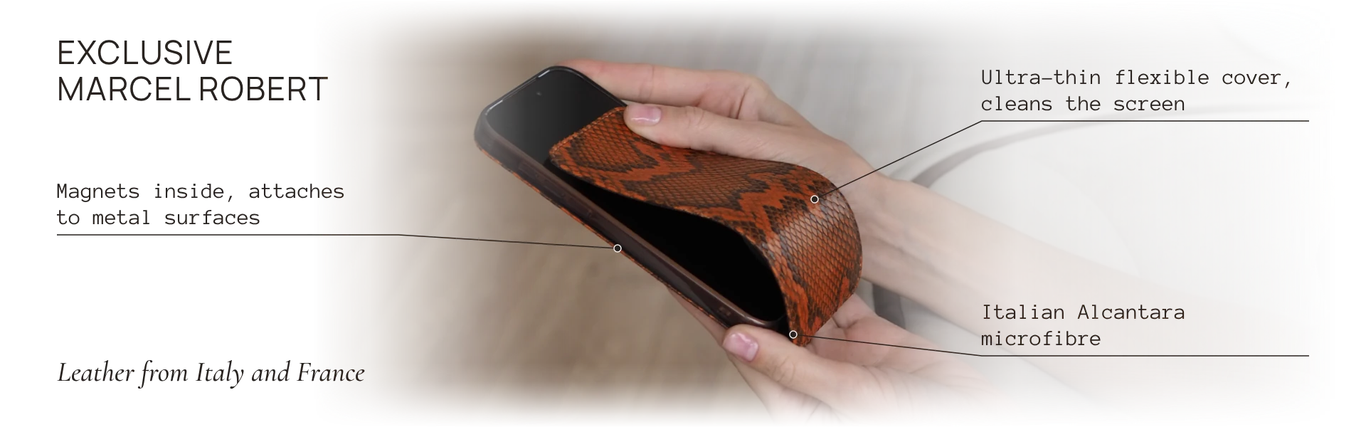 Robert flip case, exclusive to Marcel Robert: ultra-thin flexible cover, Alcantara lining, magnets inside