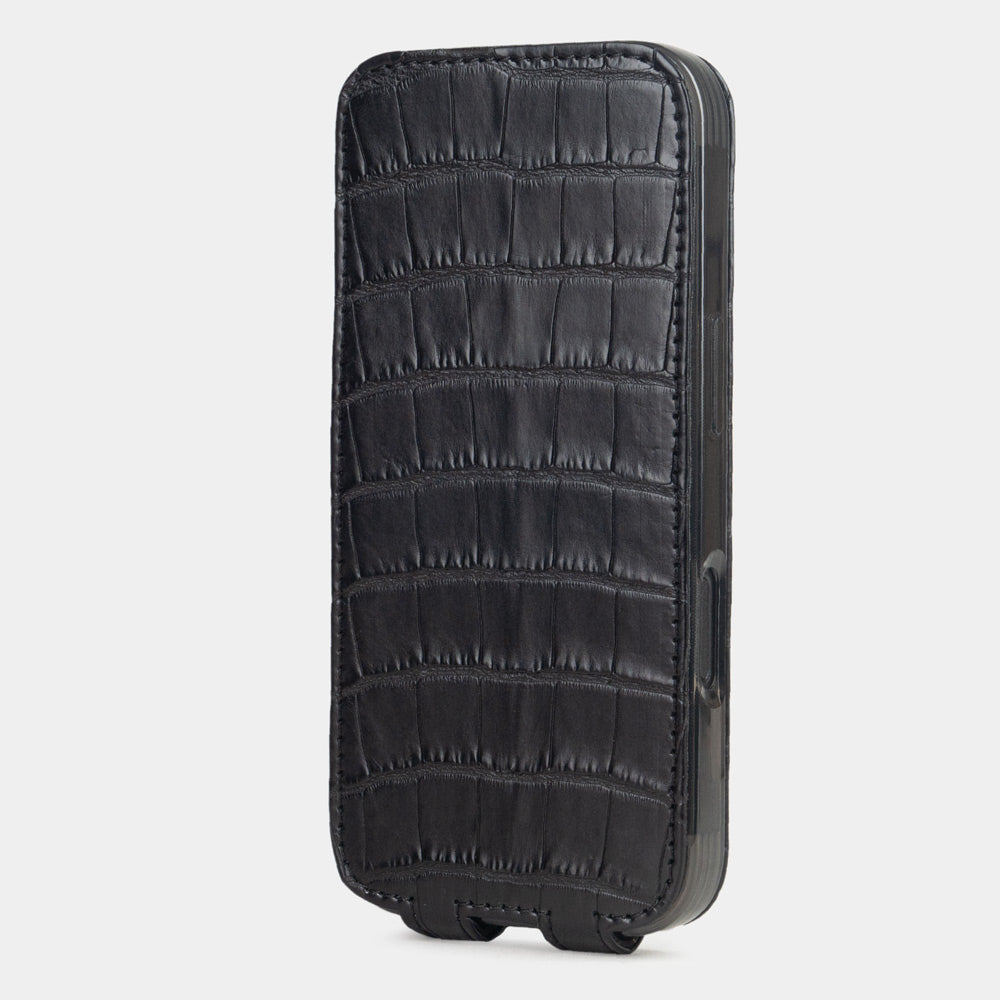 alligator black case iPhone 17 Pro Max closed upright view with magnetic front cover protecting the screen