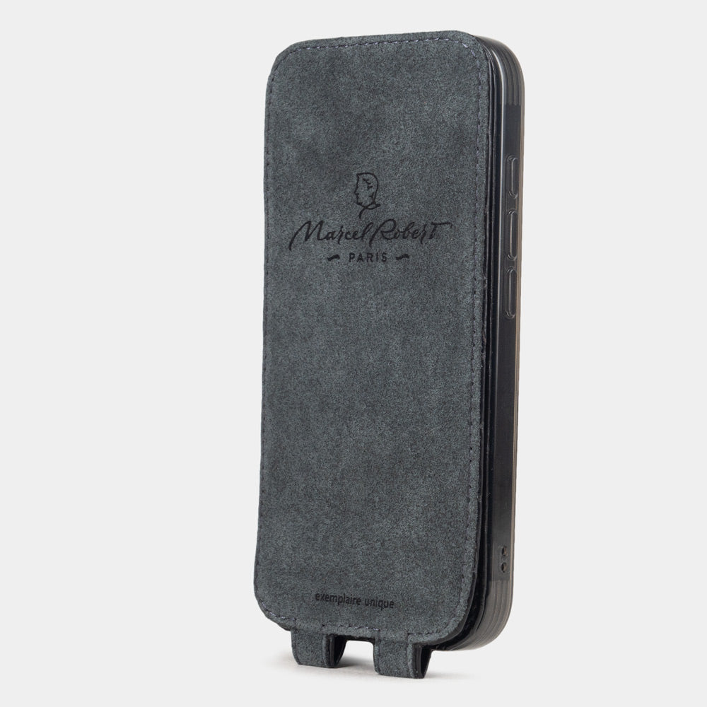 alligator black case iPhone 17 Pro Max grey Alcantara lining with magnetic closure Interior view
