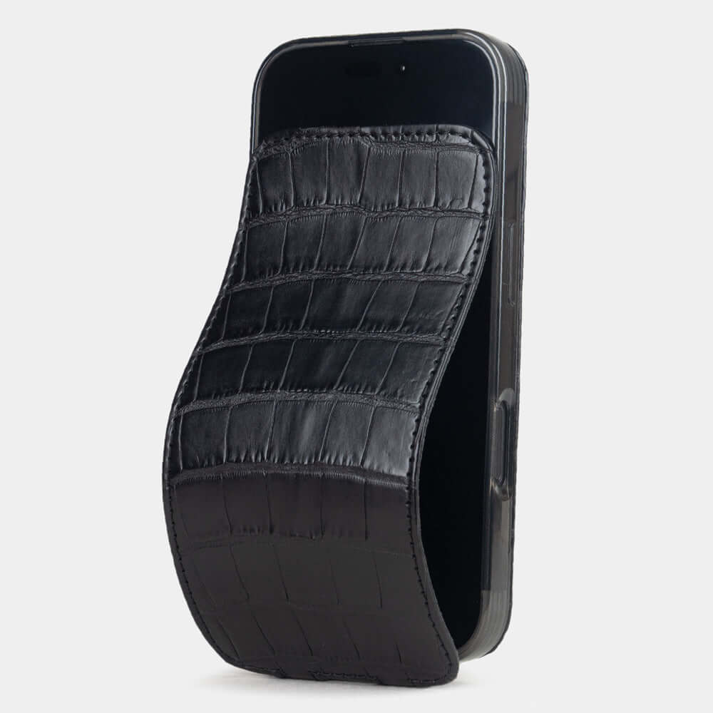 alligator black case iPhone 17 Pro Max folding clasp with magnetic front cover partially open | main photo