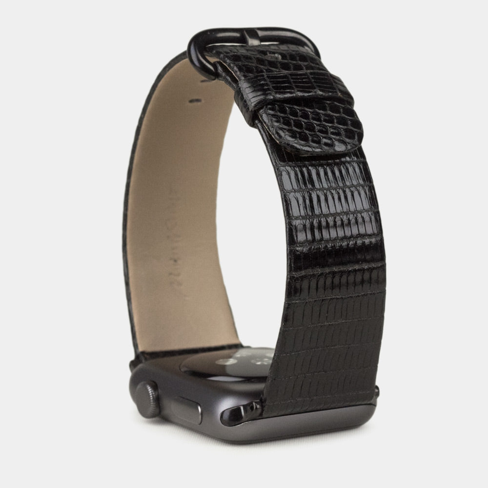 black lizard strap apple watch black adapters and buckle upper view