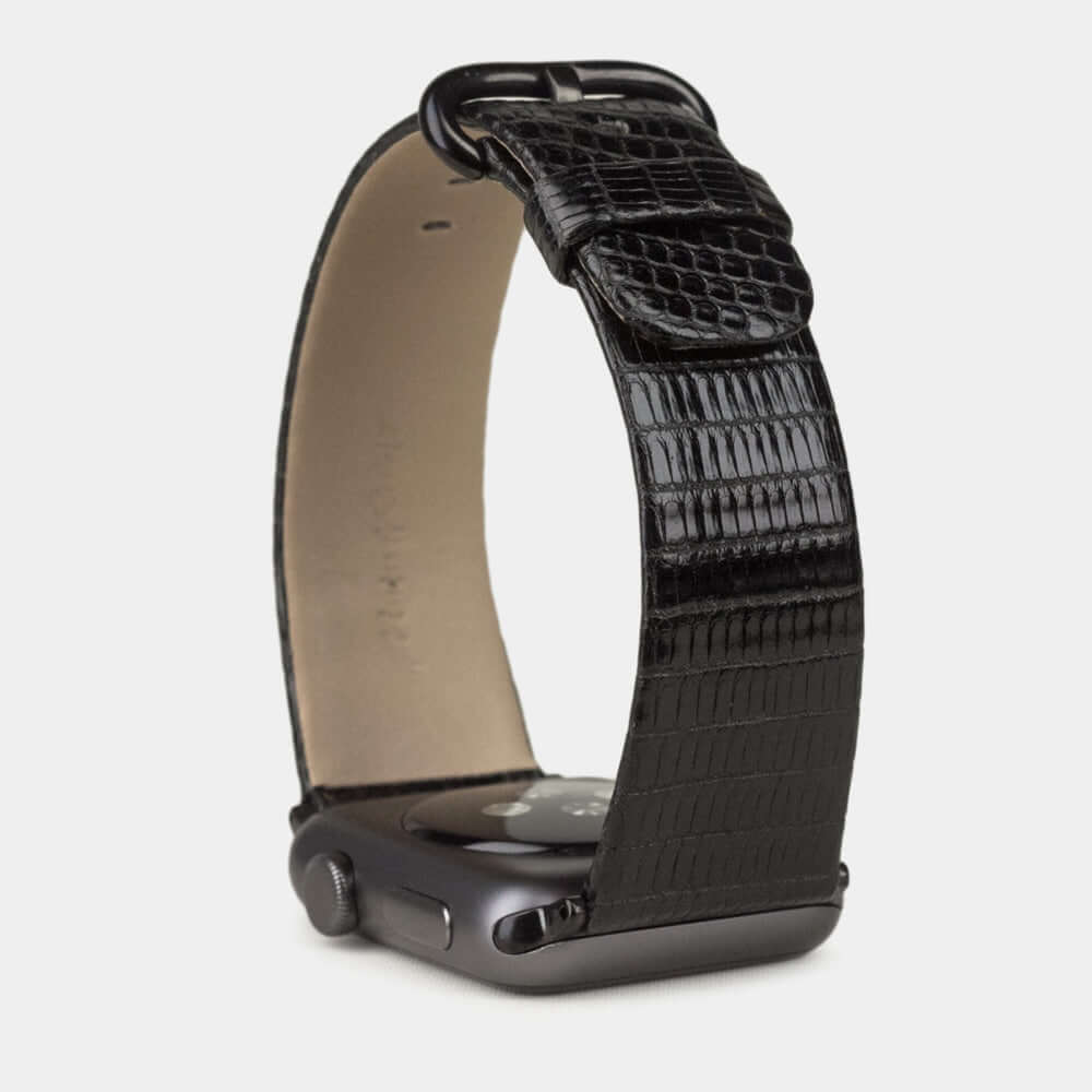 black lizard strap apple watch black adapters and buckle upper view