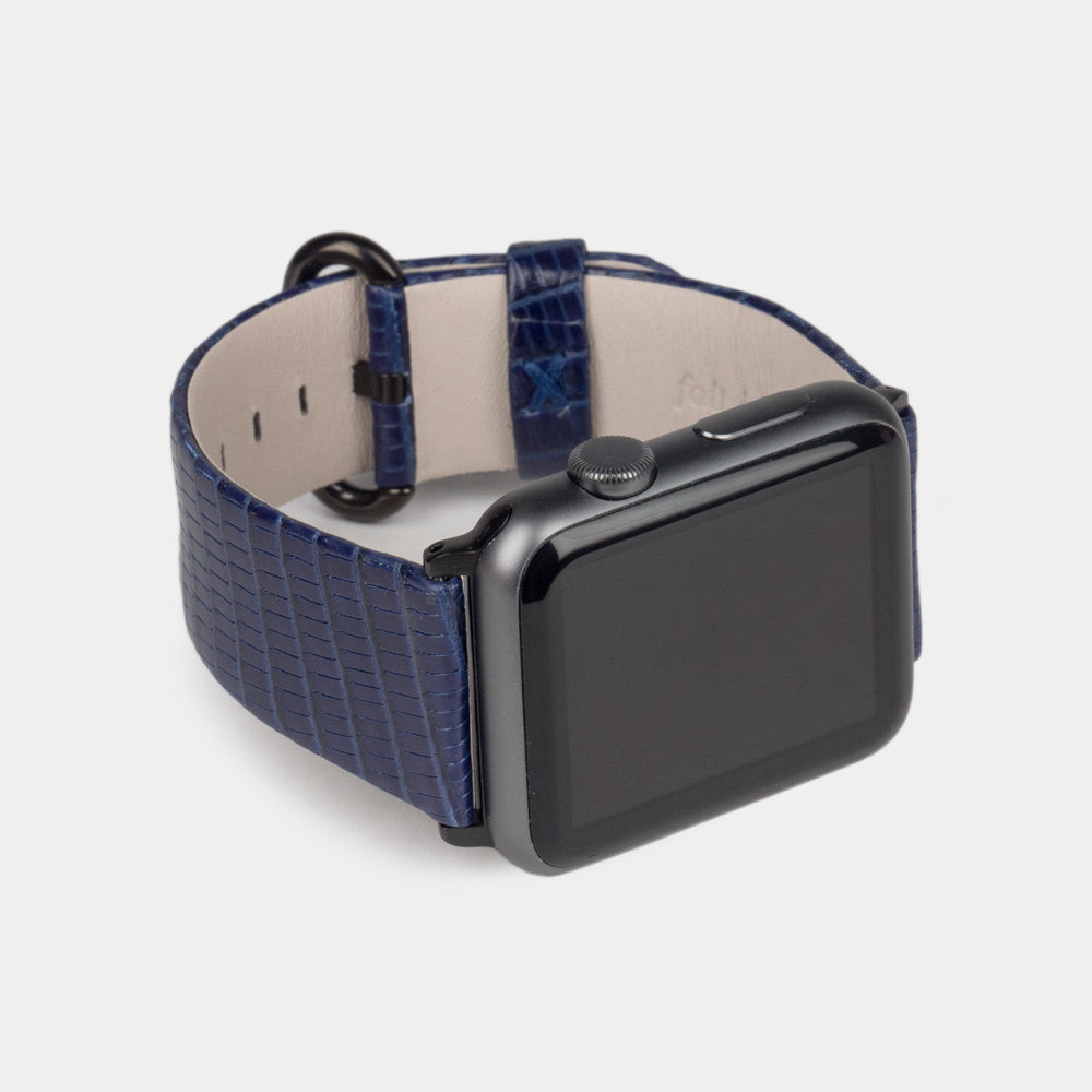 blue lizard leather strap apple watch black adapters and buckle frontal view