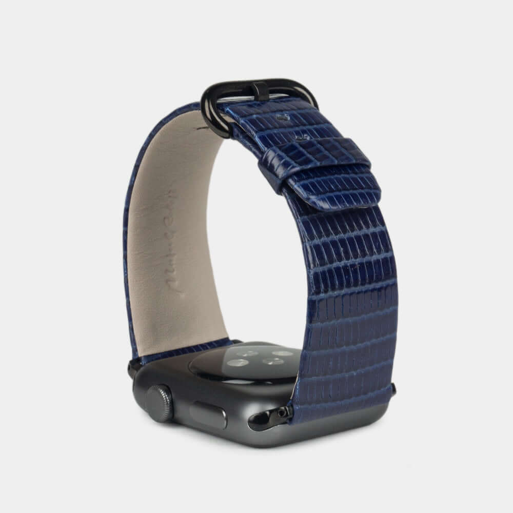 blue lizard leather strap apple watch black adapters and buckle upper view