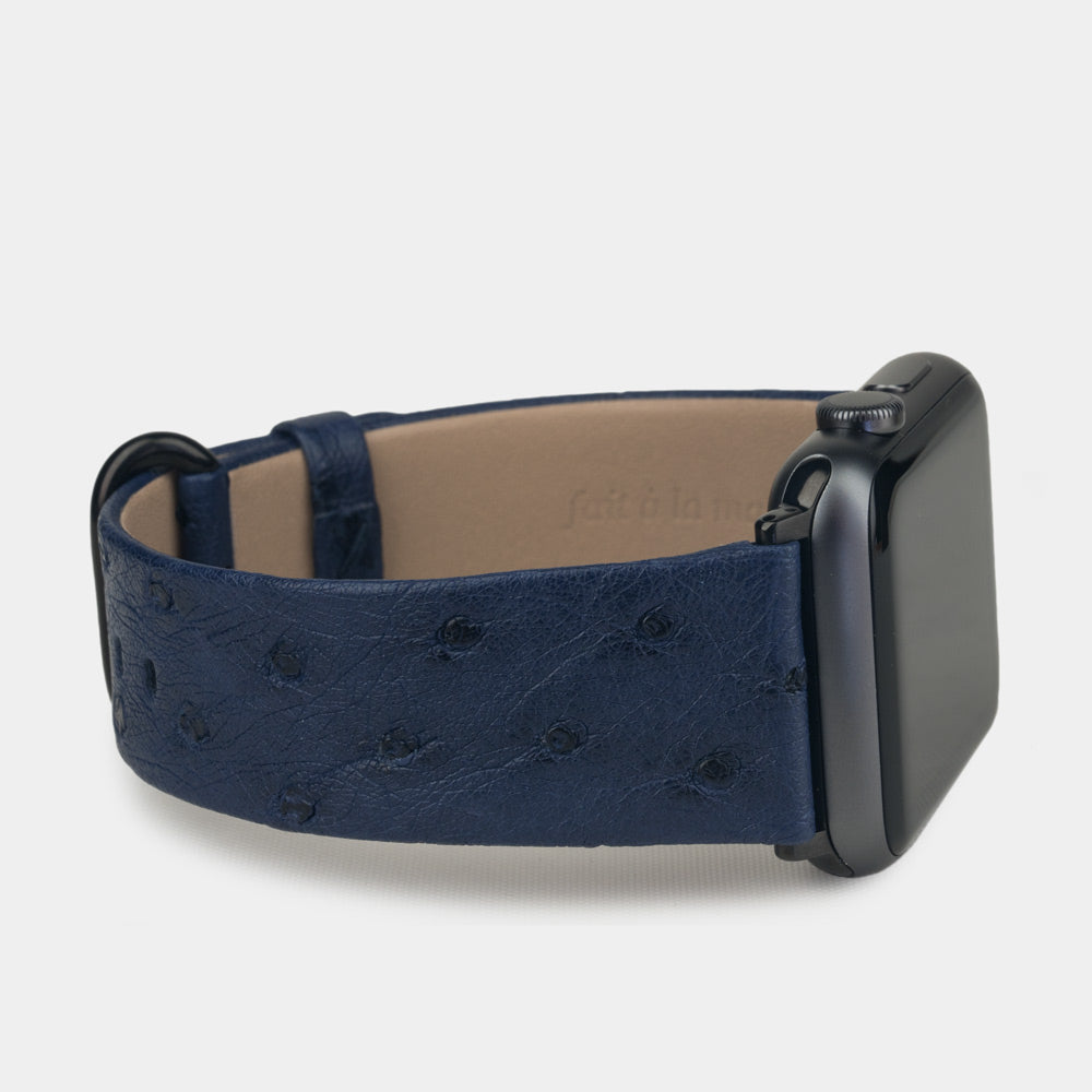 blue ostrich strap apple watch black adapters and buckle side view