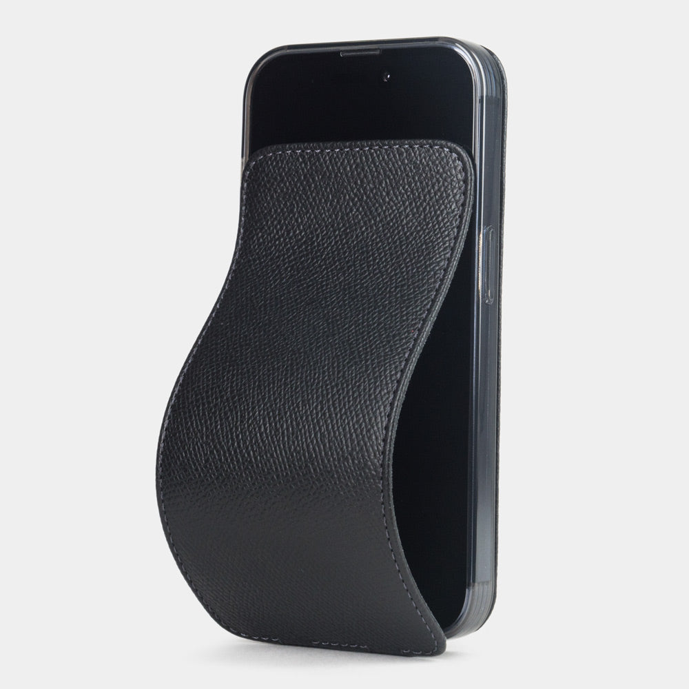 black calfskin case iPhone 15 Pro – luxury handmade phone case in genuine leather with magnetic front cover partially open