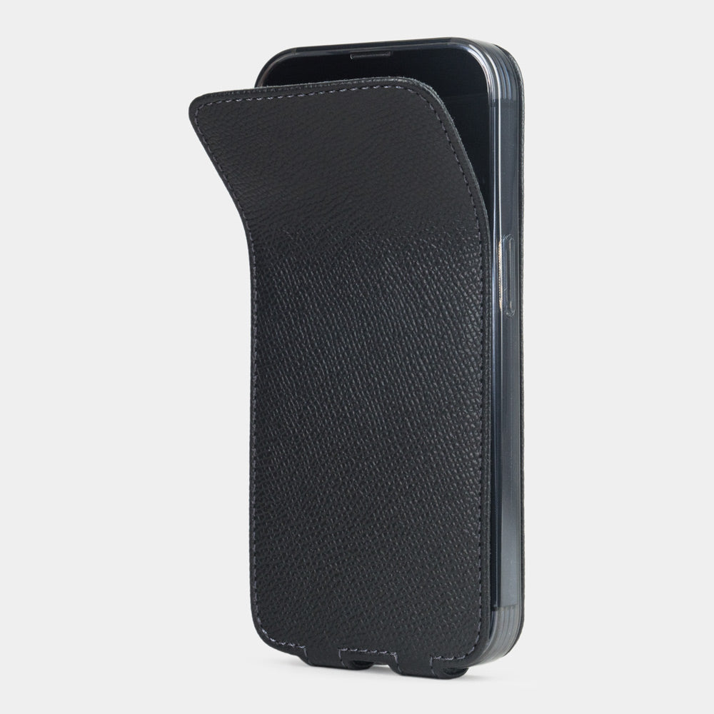 black Calfskin Case iPhone 15 Pro – upright closed view highlighting the magnetic front cover fully protecting the screen, elegant silhouette