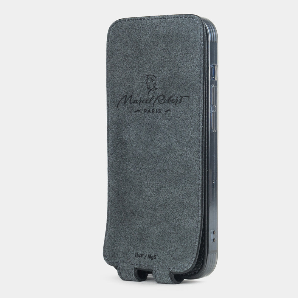 black calfskin Case iPhone 15 Pro - view how the iphone is inserted into the silicone case and the soft cover