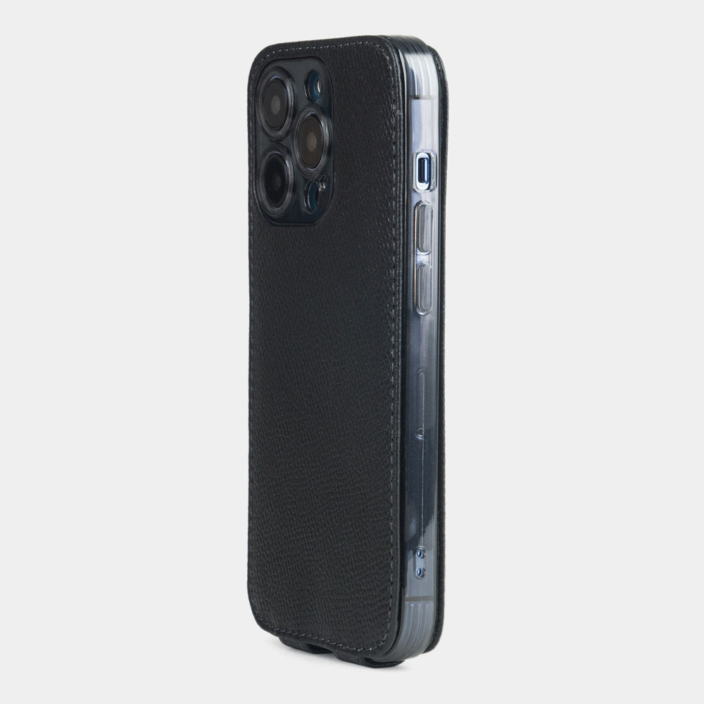 black Calfskin Case iPhone 15 Pro - view from camera side and how the lenses are efficiently protected
