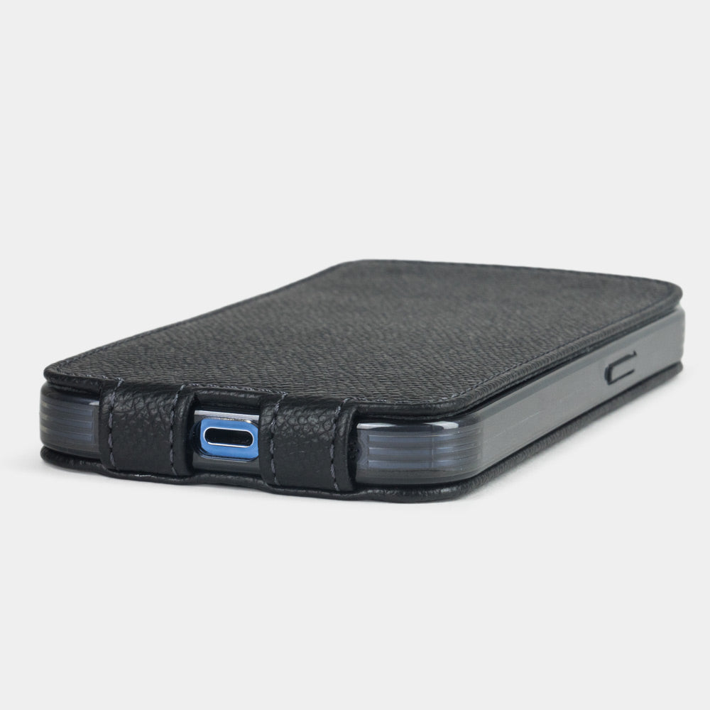 black Calfskin Case iPhone 15 Pro - interior view showing grey Alcantara lining with magnetic closure, designed to clean and protect the screen