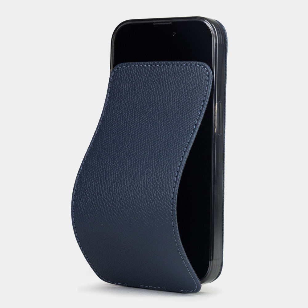 blue calfskin case iPhone 15 Pro – luxury handmade phone case in genuine leather with magnetic front cover partially open