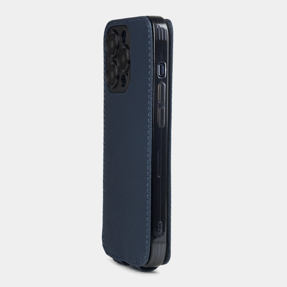 blue calfskin Case iPhone 15 Pro - view how the iphone is inserted into the silicone case and the soft cover